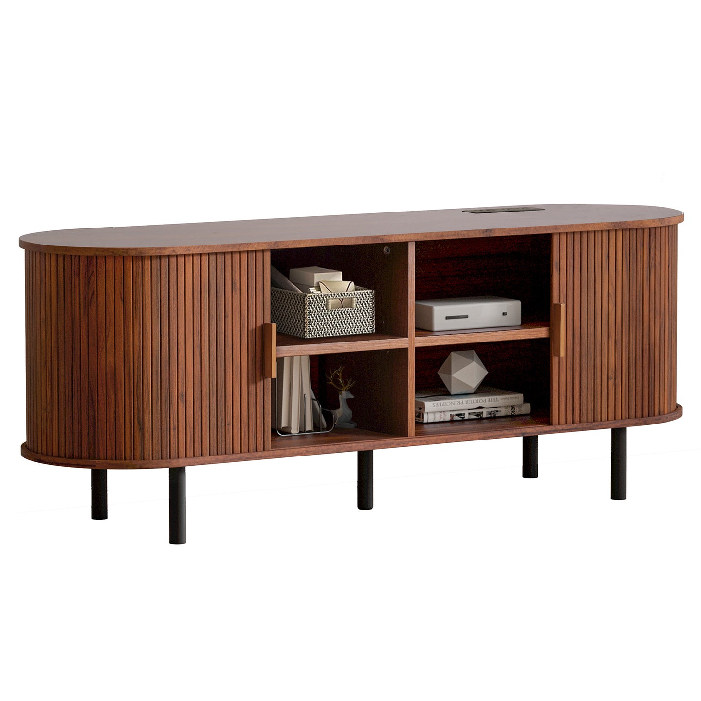 MARNUR 63" TV Stand for 70" TV, Wood Entertainment Center with Storage and Shelves, 2 Sliding Tambour Doors, Mid-Century Modern