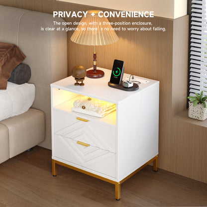 MARNUR LED Nightstand with 2 Drawers, Charging Station, White Modern Night Table High Gloss End Side Table for Bedroom