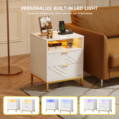 MARNUR LED Nightstand with 2 Drawers, Charging Station, White Modern Night Table High Gloss End Side Table for Bedroom