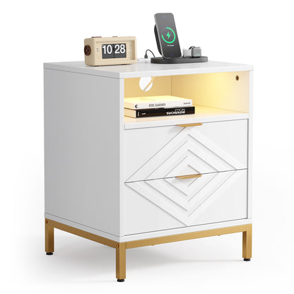 MARNUR LED Nightstand with 2 Drawers, Charging Station, White Modern Night Table High Gloss End Side Table for Bedroom