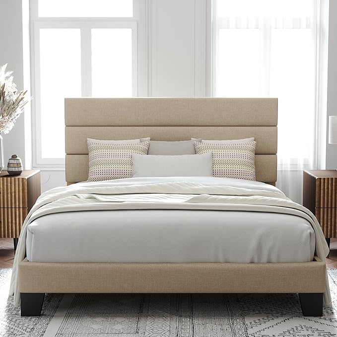 MARNUR Queen Bed Frame with Linen Fabric Upholstered Headboard and Wooden Slats Support, Khaki