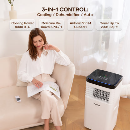 MaxKare Portable Air Conditioner - 8000 BTU, 200 sq. ft Coverage with Cooler, Dehumidifier, Remote Control  MaxKare 8000 BTU Portable Air Conditioner, 3-in-1 AC with Cooler  Dehumidifier Fan Mode, 200 Sq.ft with Remote Control