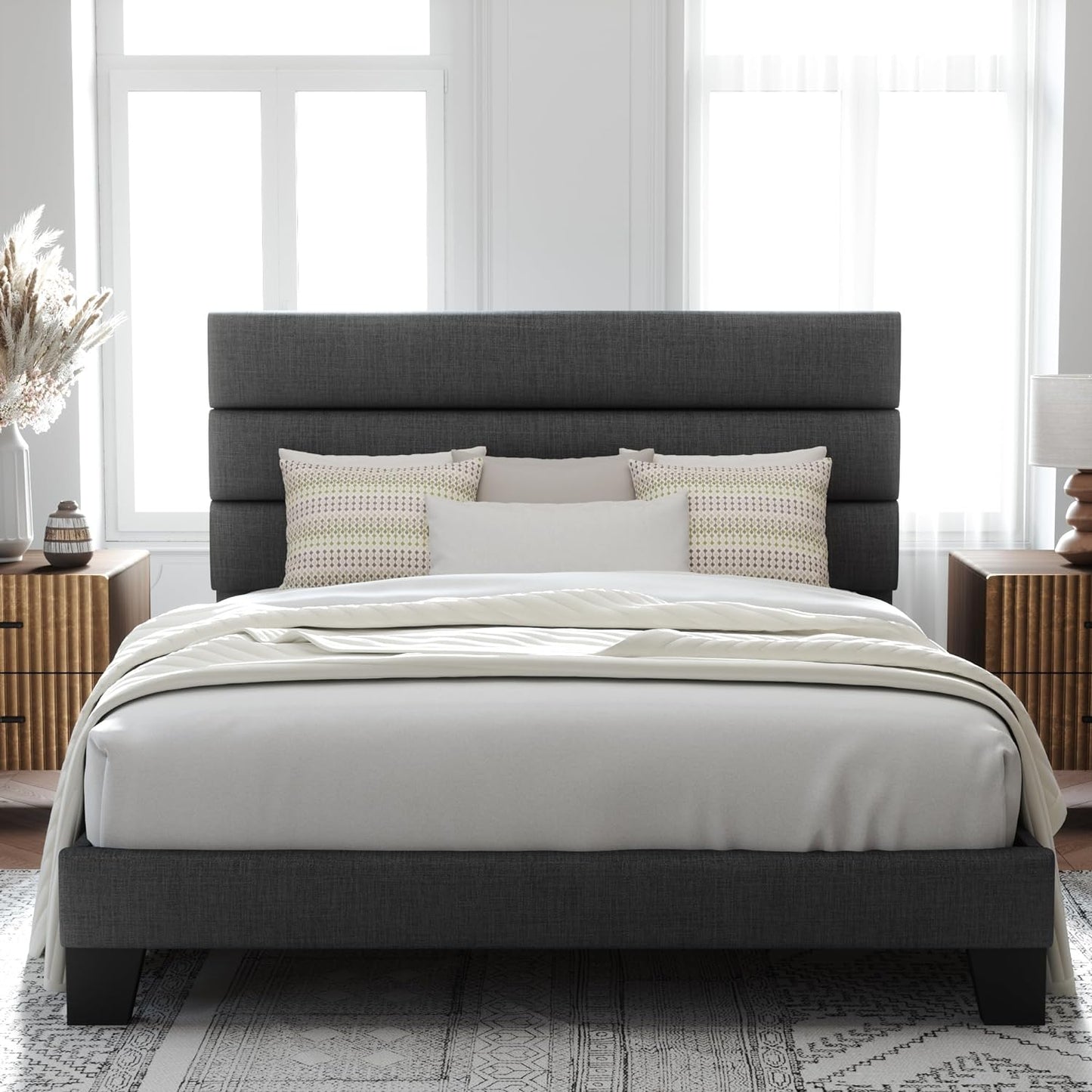 MARNUR Queen Bed Frame with Linen Fabric Upholstered Headboard and Wooden Slats Support, Gray