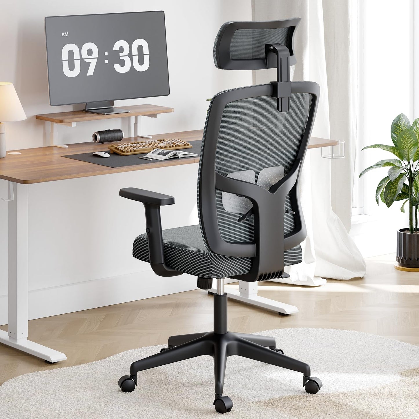 Ergonomic Mesh Office Chair with Large Seat, High Back Office Chair with Tilt Lock Function, 2D Headrest, PU Liftable Arms, Adjustable Lumbar Support, Computer Gaming Chair for Home Office, Grey