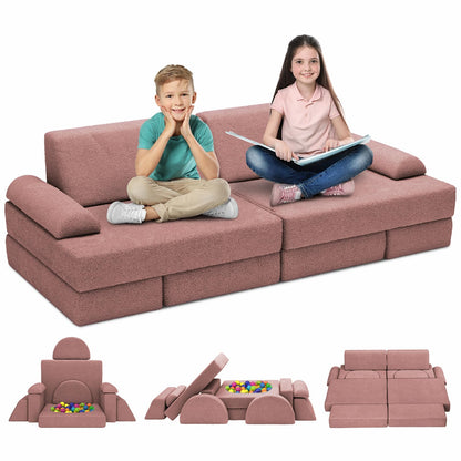 12pcs Modular Kids Play Couch - Kids Couch for Playroom, Toddler Couch Building Fort, Teddy Fabric, Child Sectional Sofa Play Set for Boys and Girls, Pink