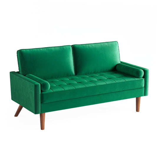 Loveseat Sofa 68", Mid Century Modern Sofas Couches for Living Room,Green Velvet Couch for Small Spaces, Solid Wooden Frame, Back Cushions and Tapered Wood Legs Easy to Install