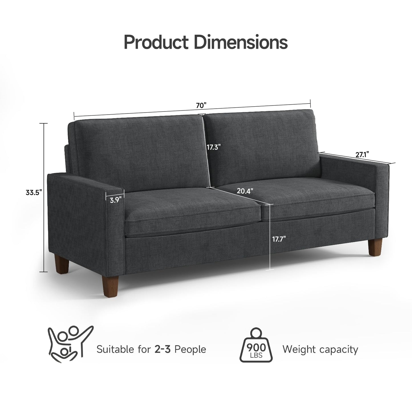 70" Black Couch, Small Loveseat Sofa, Linen Fabric Love Seat with Pocket Springs Seat Cushion, Square Armrest, 2 Seats Modern Sofas for Small Spaces, Living Room, Bedroom, Apartment, Office