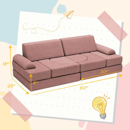 12pcs Modular Kids Play Couch - Kids Couch for Playroom, Toddler Couch Building Fort, Teddy Fabric, Child Sectional Sofa Play Set for Boys and Girls, Pink