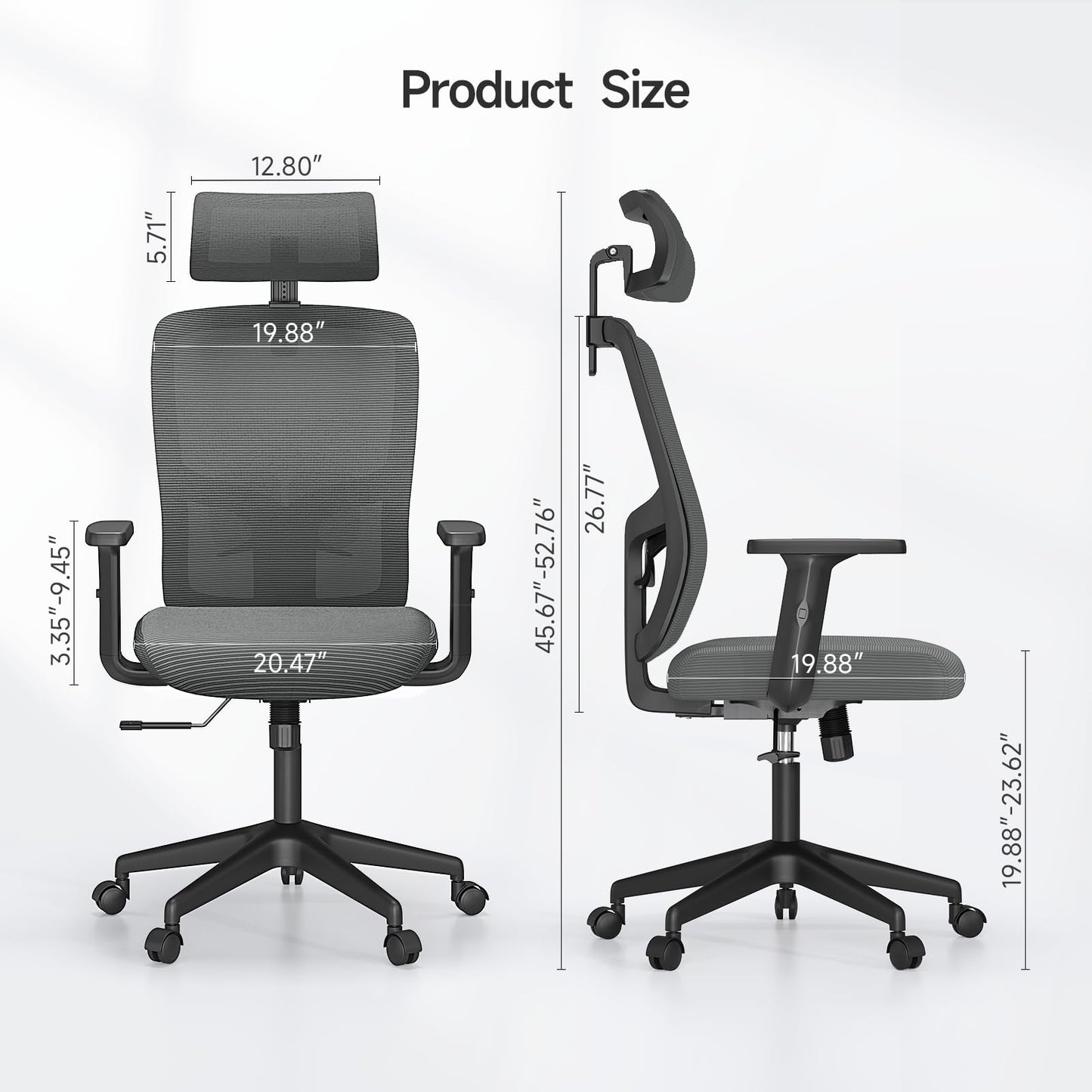 Ergonomic Mesh Office Chair with Large Seat, High Back Office Chair with Tilt Lock Function, 2D Headrest, PU Liftable Arms, Adjustable Lumbar Support, Computer Gaming Chair for Home Office, Grey