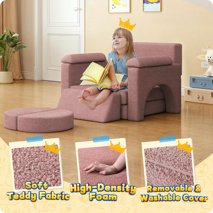 12pcs Modular Kids Play Couch - Kids Couch for Playroom, Toddler Couch Building Fort, Teddy Fabric, Child Sectional Sofa Play Set for Boys and Girls, Pink