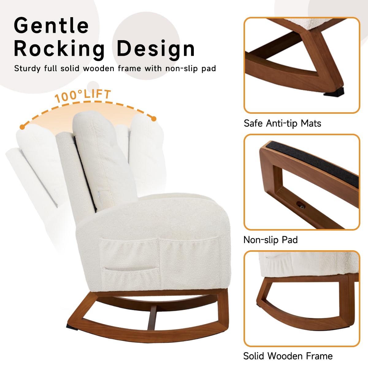 Rocking Chair Nursery, Rocking Chairs with Solid Wood Legs, Teddy Fabric, Glider Chair with Upholstered High Backrest, Nursery Chair for Living Room, Baby Room, Bedroom