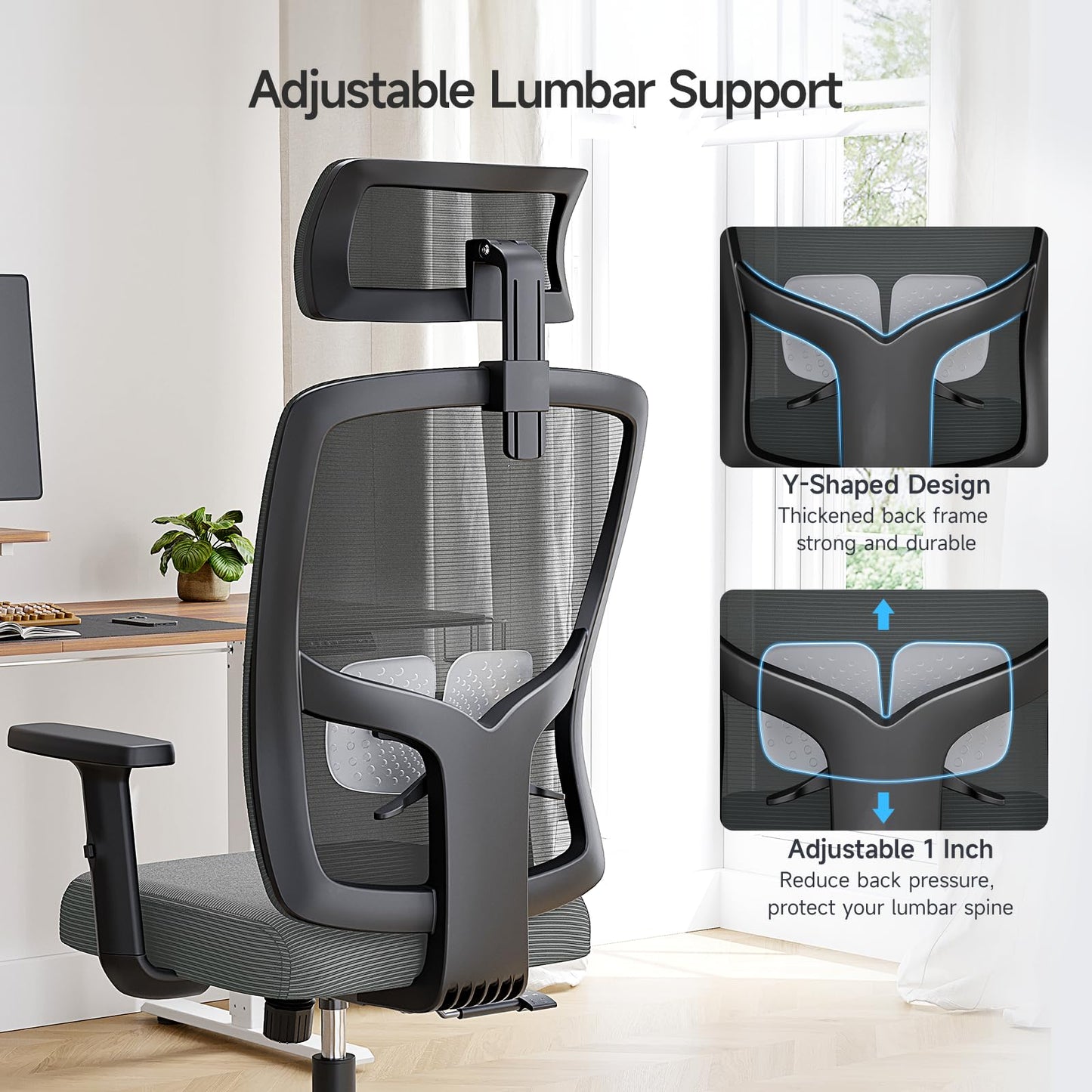 Ergonomic Mesh Office Chair with Large Seat, High Back Office Chair with Tilt Lock Function, 2D Headrest, PU Liftable Arms, Adjustable Lumbar Support, Computer Gaming Chair for Home Office, Grey