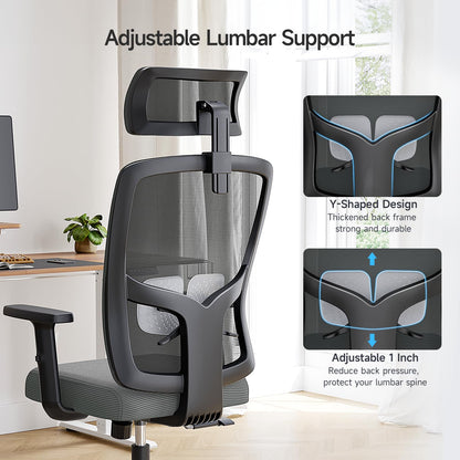 Ergonomic Mesh Office Chair with Large Seat, High Back Office Chair with Tilt Lock Function, 2D Headrest, PU Liftable Arms, Adjustable Lumbar Support, Computer Gaming Chair for Home Office, Grey