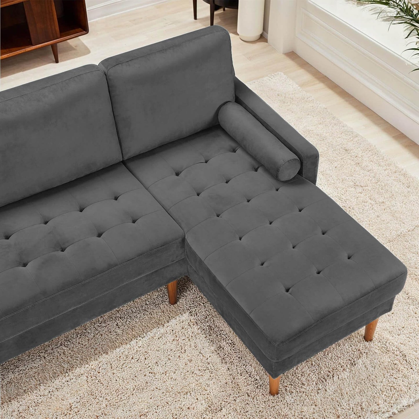 Grey Velvet Couch, Small Sectional L Shaped Couch for Living Room, Small Space, Mid Century Tufted Sleeper Sofa with Reversible Chaise, 2 Bolster Pillows, 3 Seater Couch for Apartment