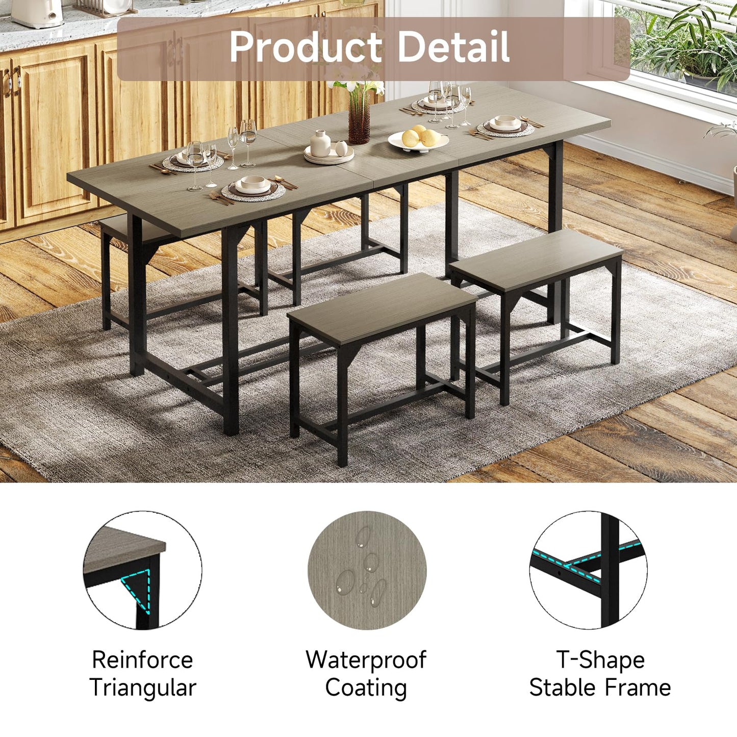 MARNUR Extendable Dining Table Set for 6-8 People, 5-Piece Modern Kitchen Table Set Include  4 Square Stools, Oak Grey(63"-78.75")