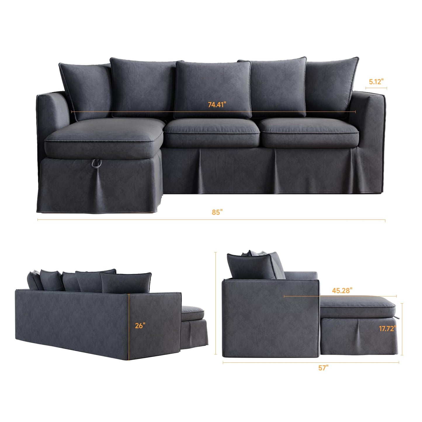 Washable L Shaped Couches with Storage Ottoman, Coastal Slipcovered Sofa with Chaise, Soft & Durable Chenille Fabric, 4 Seater Sectional Couches for Living Room, Apartment, Dark Gray