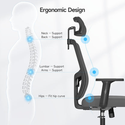 Ergonomic Mesh Office Chair with Large Seat, High Back Office Chair with Tilt Lock Function, 2D Headrest, PU Liftable Arms, Adjustable Lumbar Support, Computer Gaming Chair for Home Office, Grey