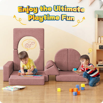 12pcs Modular Kids Play Couch - Kids Couch for Playroom, Toddler Couch Building Fort, Teddy Fabric, Child Sectional Sofa Play Set for Boys and Girls, Pink