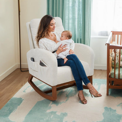 Rocking Chair Nursery, Rocking Chairs with Solid Wood Legs, Teddy Fabric, Glider Chair with Upholstered High Backrest, Nursery Chair for Living Room, Baby Room, Bedroom