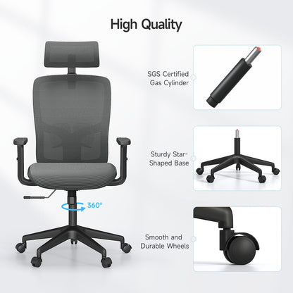 Ergonomic Mesh Office Chair with Large Seat, High Back Office Chair with Tilt Lock Function, 2D Headrest, PU Liftable Arms, Adjustable Lumbar Support, Computer Gaming Chair for Home Office, Grey