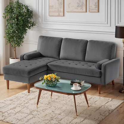 Grey Velvet Couch, Small Sectional L Shaped Couch for Living Room, Small Space, Mid Century Tufted Sleeper Sofa with Reversible Chaise, 2 Bolster Pillows, 3 Seater Couch for Apartment