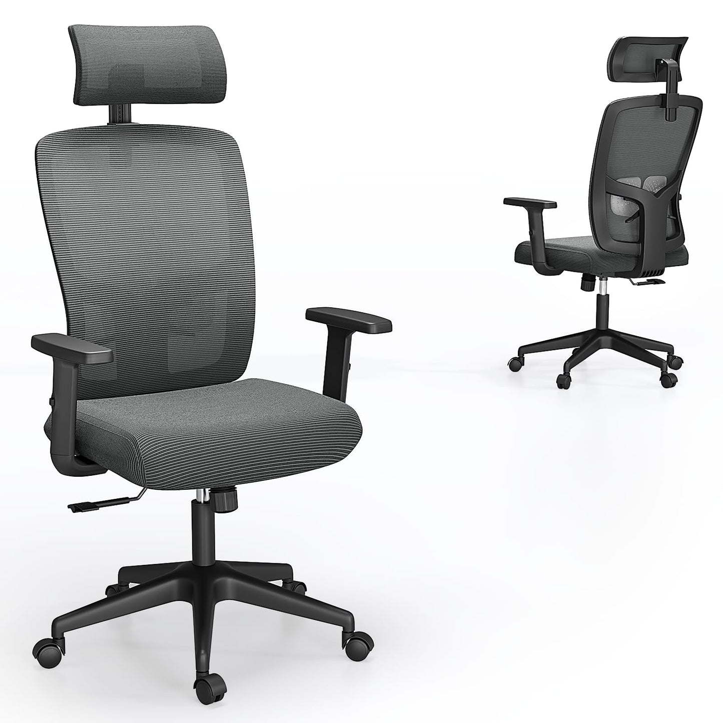 Ergonomic Mesh Office Chair with Large Seat, High Back Office Chair with Tilt Lock Function, 2D Headrest, PU Liftable Arms, Adjustable Lumbar Support, Computer Gaming Chair for Home Office, Grey