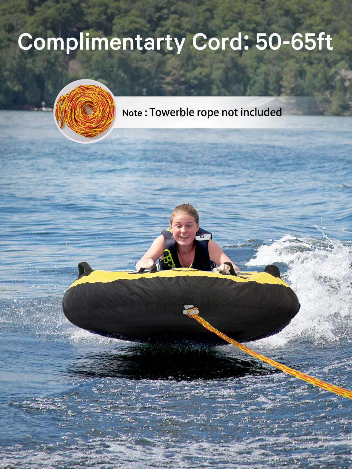 Towable Tube for Boating Inflatable Towable Boat Tube with 1 or 2 Riders Options Quick Rope Connect Watersports for Women Men Kids Yellow