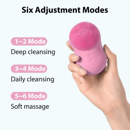 Facial Cleansing Brush, Soft Silicone, Ultrasonic Waterproof Face Cleansing Massager, 6 Function Modes with Rotating Magnetic Beads for Deep Cleansing Exfoliating, Rechargeable and Portable, Pink