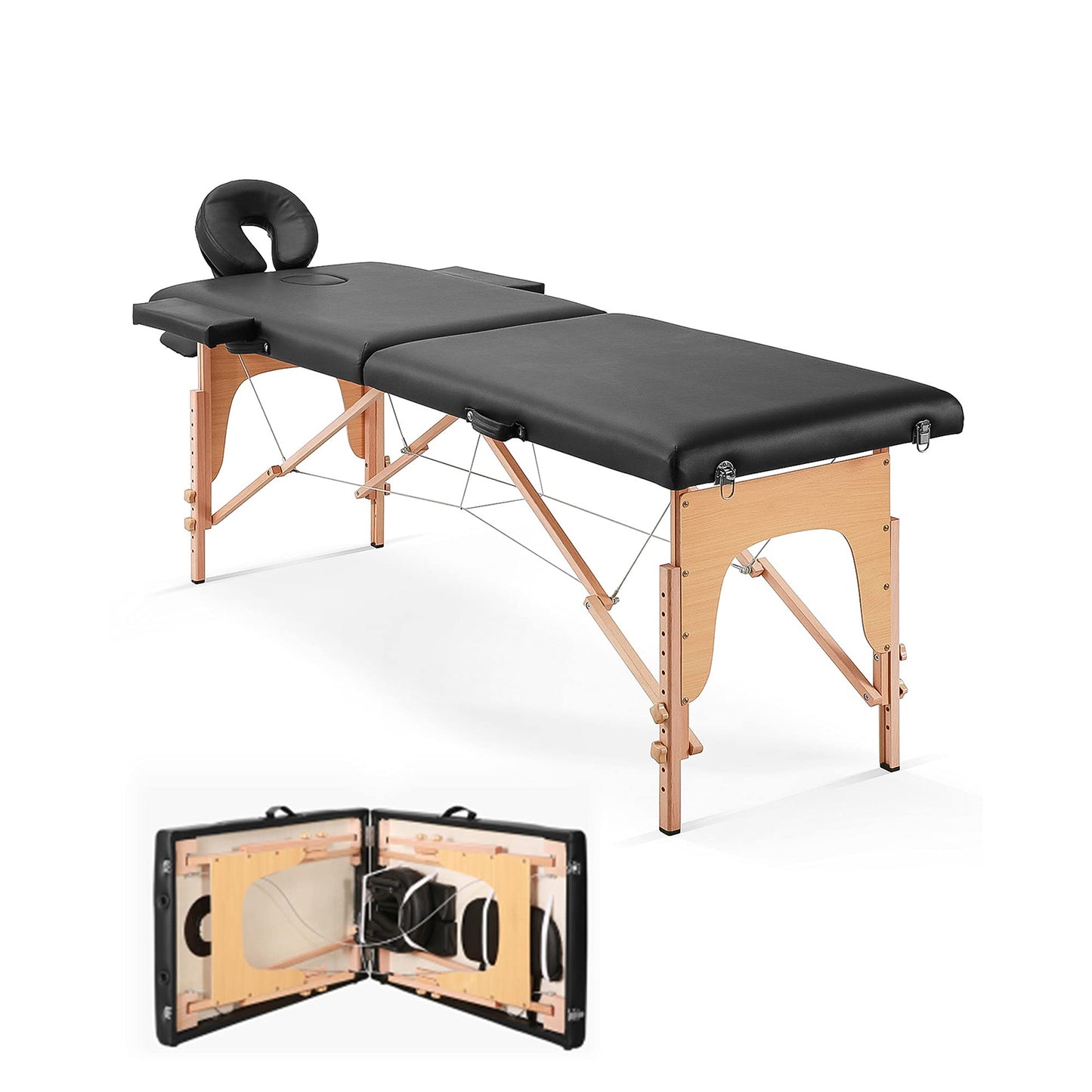 Massage Table Portable 2 Sections Massage Table, Height Adjustable with Headrest, Armrest, Carrying Bag - Black