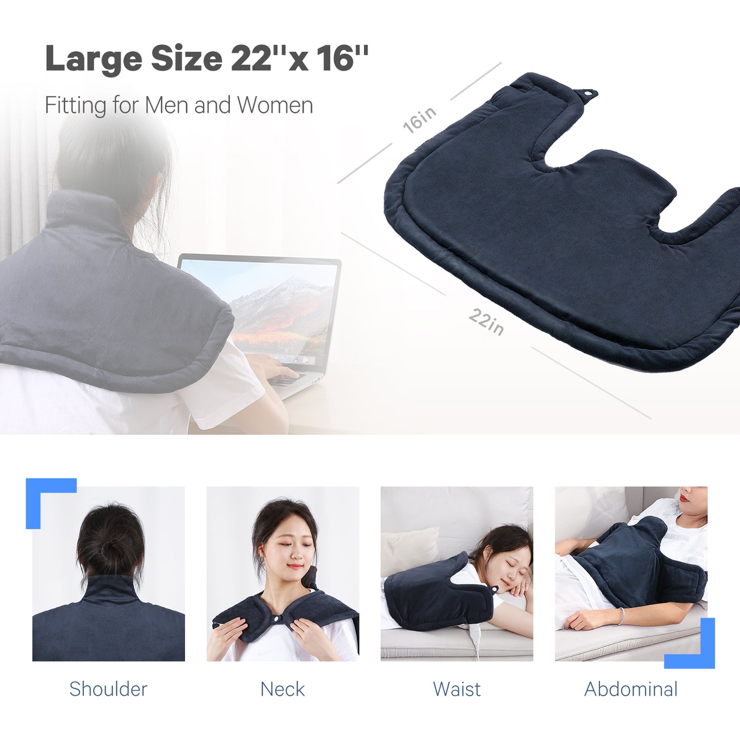 Heating Pad for Back and Shoulder, 22"x16" Heat Wrap with Fast-Heating and 4 Heat Settings, 2 Hours Auto Shut Off Available, Machine Washable - Navy Blue