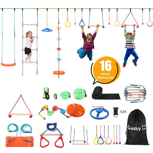 Ninja Warrior Obstacle Course for Kids Ninja Slackline Kit Backyard Outside with 2×55 ft Slackline 16 Accessories for Kids, Slackline Capacity 1320lbs with Adjustable Buckles Tree Protectors Carry Bag