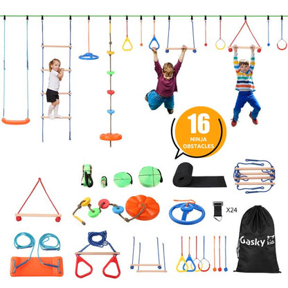 Ninja Warrior Obstacle Course for Kids Ninja Slackline Kit Backyard Outside with 2×55 ft Slackline 16 Accessories for Kids, Slackline Capacity 1320lbs with Adjustable Buckles Tree Protectors Carry Bag