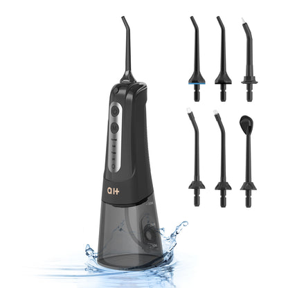 Water Flosser Cordless Portable Oral Irrigator with 4 Cleaning Modes, Removable Water Tank of 300 ML, 360-Degree Rotation, 7 Multifunctional Heads, USB Rechargeable, Black