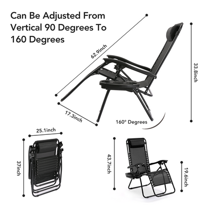 Zero Gravity Chairs Patio Chairs Set of 2 Reclining Beach Chair Adjustable Steel Mesh Zero Gravity Lounge Chair Recliners w/Pillows and Cup Holder Trays for Poolside, Backyard, Beach, Camping