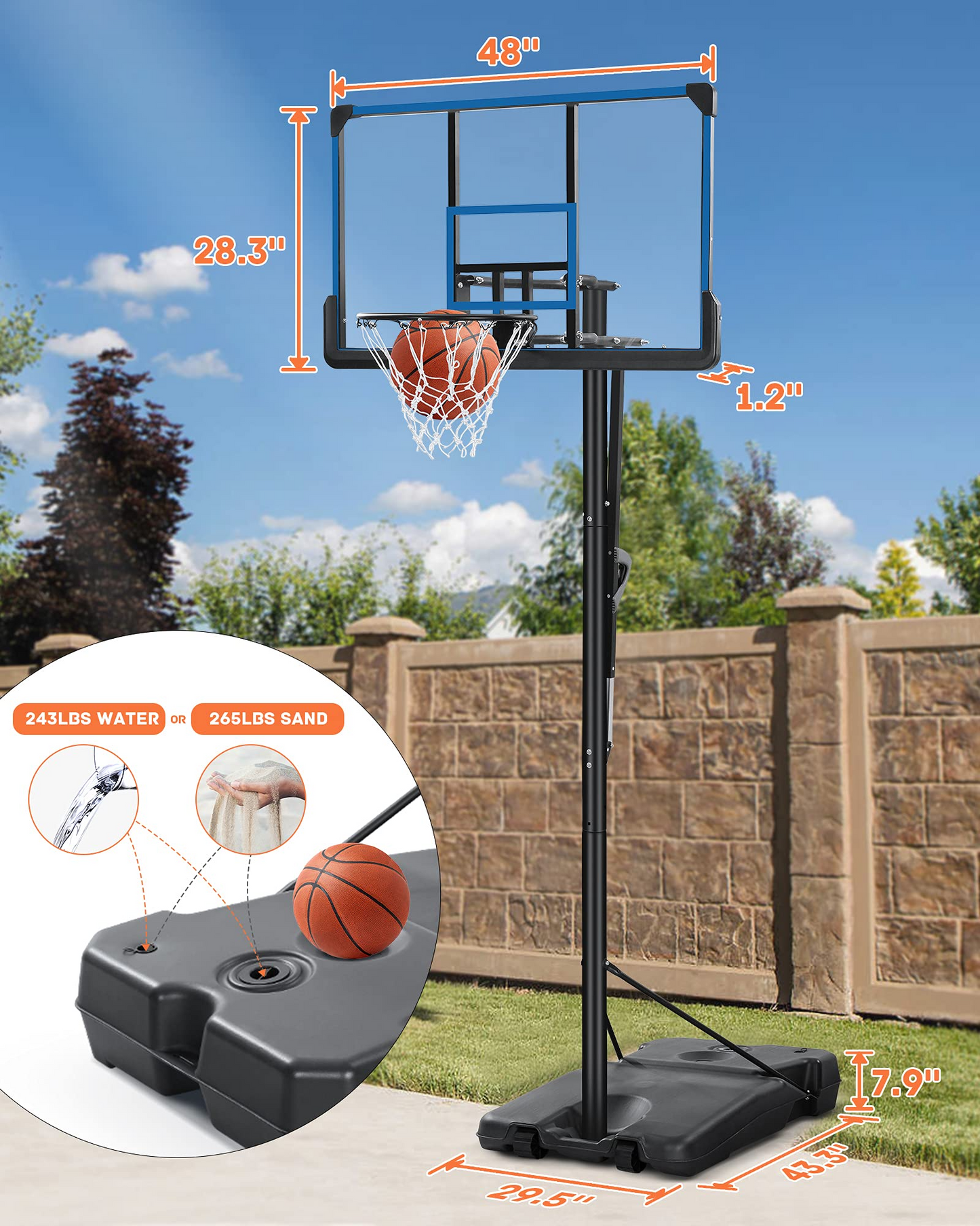 Basketball Hoop Outdoor Portable Basketball Goal & System 48 inch PC Backboard Adjustable from 7ft 6in - 10ft for Adults Teens Boys Outside