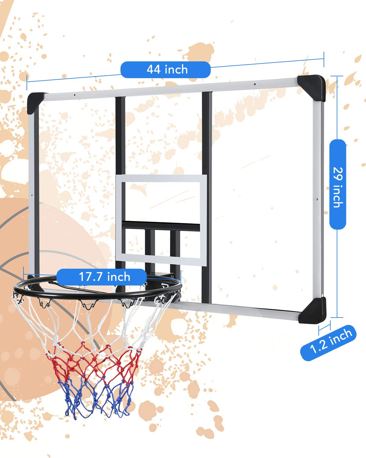 44 Inch Basketball Backboard Wall-Mount Hoops & Goals Rim Combo Kit&Shatterproof Polycarbonate Board&All-Steel Rustproof Frame&for Standard No.7 Balls