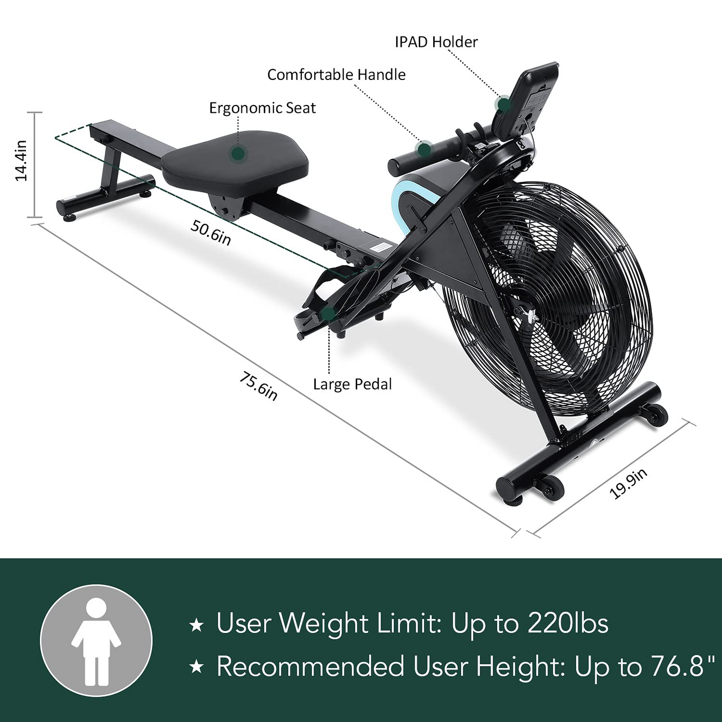 Air Rowing Machine Rower with LCD Monitor, 220LB Weight Capacity, 51 Inch Rail Length, Foldable Air Rower Adjustable Resistance for Gym Cardio Exercise Home Use