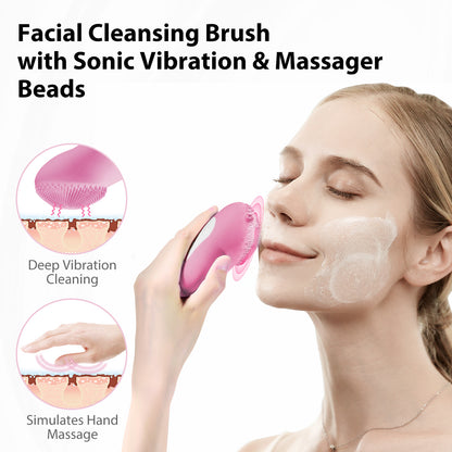 Facial Cleansing Brush, Soft Silicone, Ultrasonic Waterproof Face Cleansing Massager, 6 Function Modes with Rotating Magnetic Beads for Deep Cleansing Exfoliating, Rechargeable and Portable, Pink