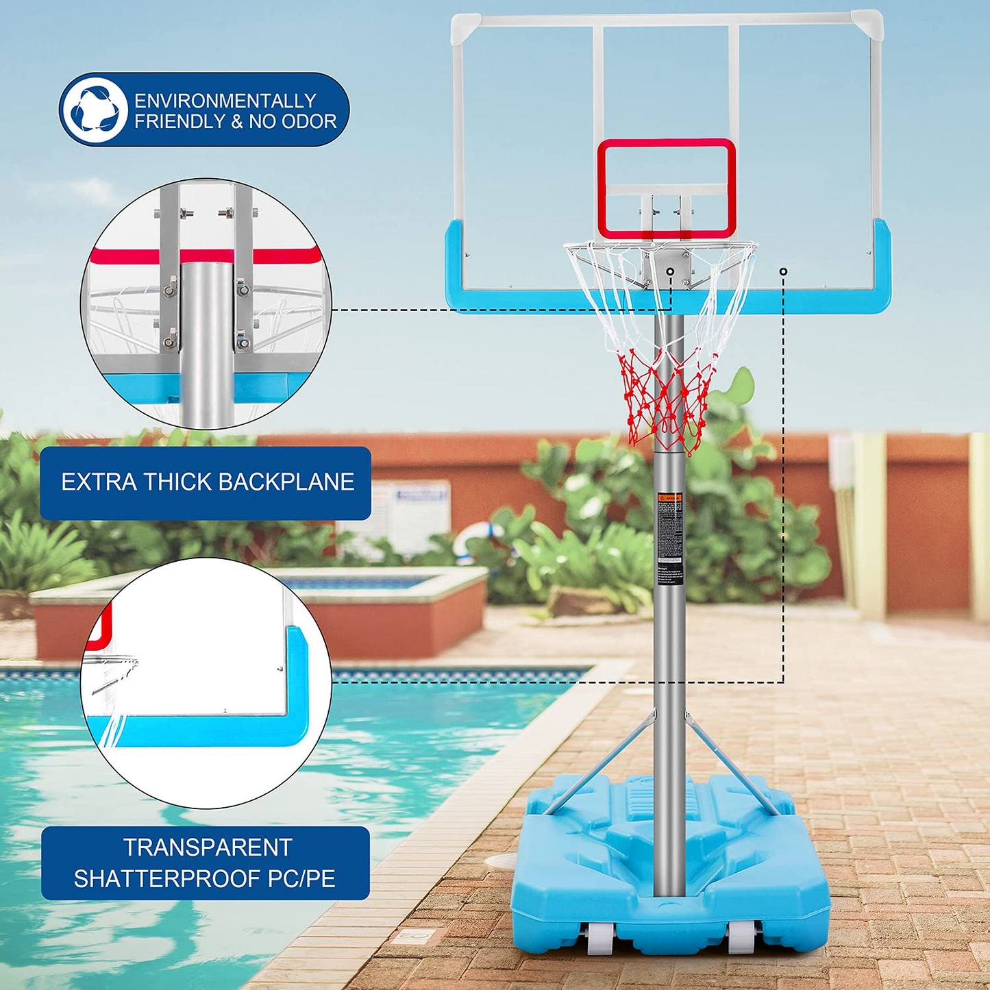 Poolside Basketball Hoop System Portable Swimming Pool Basketball Goal Set Game Stand Adjustable Height 47’’-79’’ Outdoor Indoor for Kid Adult W PVC Shatterproof Backboard Basketball Rim Net