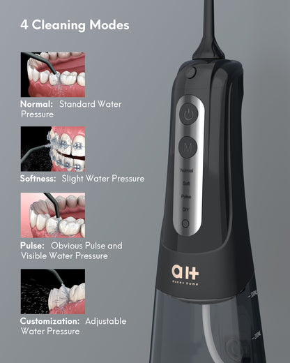 Water Flosser Cordless Portable Oral Irrigator with 4 Cleaning Modes, Removable Water Tank of 300 ML, 360-Degree Rotation, 7 Multifunctional Heads, USB Rechargeable, Black