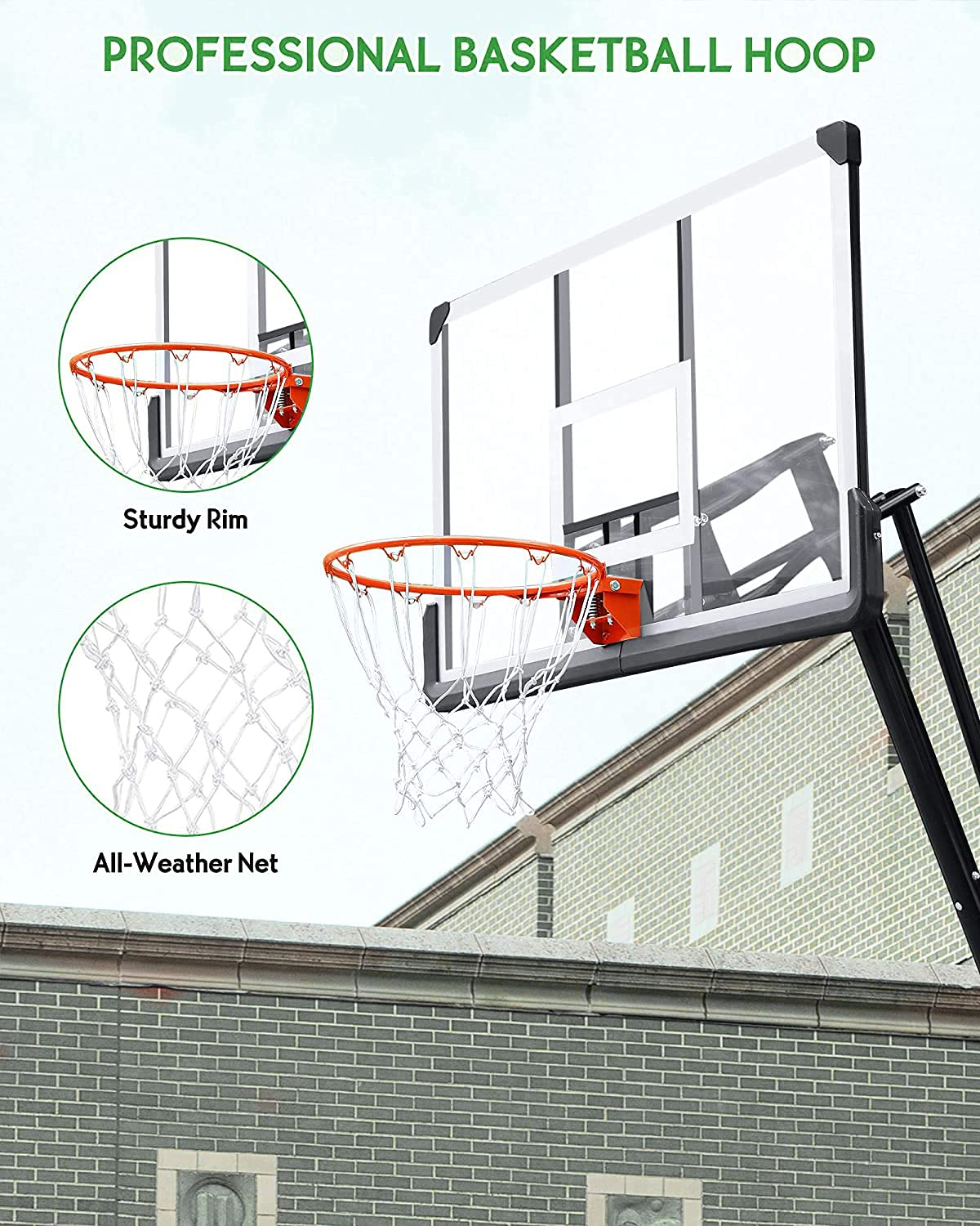 Basketball Hoop Basketball Goal 54" Basketball Backboard 7.5ft-10ft Height Adjustable Portable Basketball System for Adult Youth Kids Indoor Outdoor Use