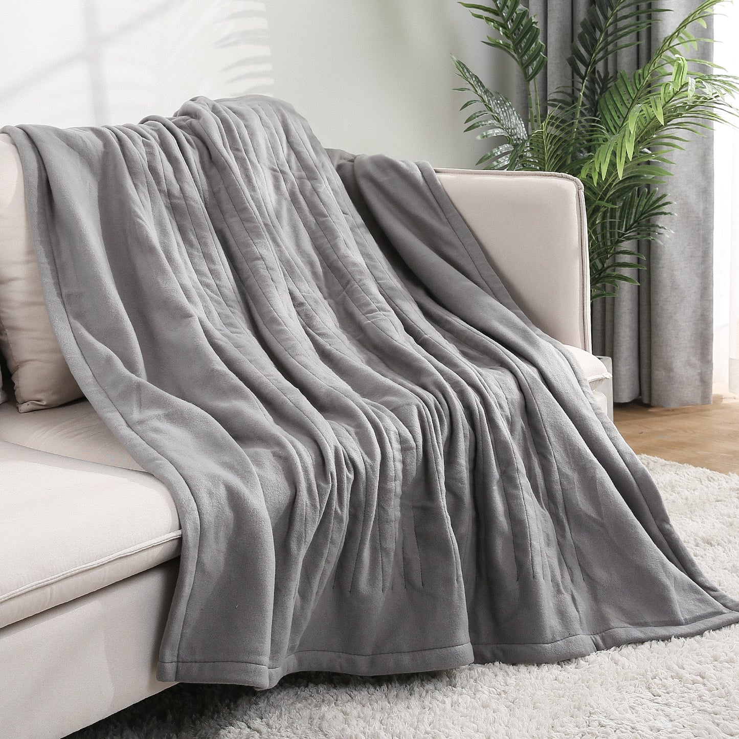 Electric Blanket Heated Throw Flannel & Sherpa Fast Heating Blanket 50" x 60", ETL Certification with 6 Heating Levels & 5 Auto-Off Timing Settings, Home Use & Machine Washable, Grey & White