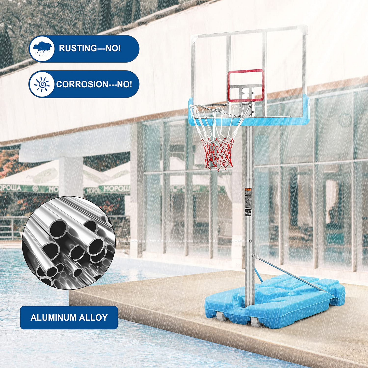 Poolside Basketball Hoop System Portable Swimming Pool Basketball Goal Set Game Stand Adjustable Height 47’’-79’’ Outdoor Indoor for Kid Adult W PVC Shatterproof Backboard Basketball Rim Net