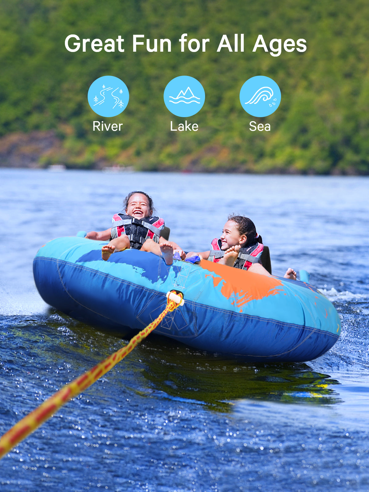 Towable Tube for Boating 2 Rider for Youth & Adult Have Fun in Outdoor - Blue