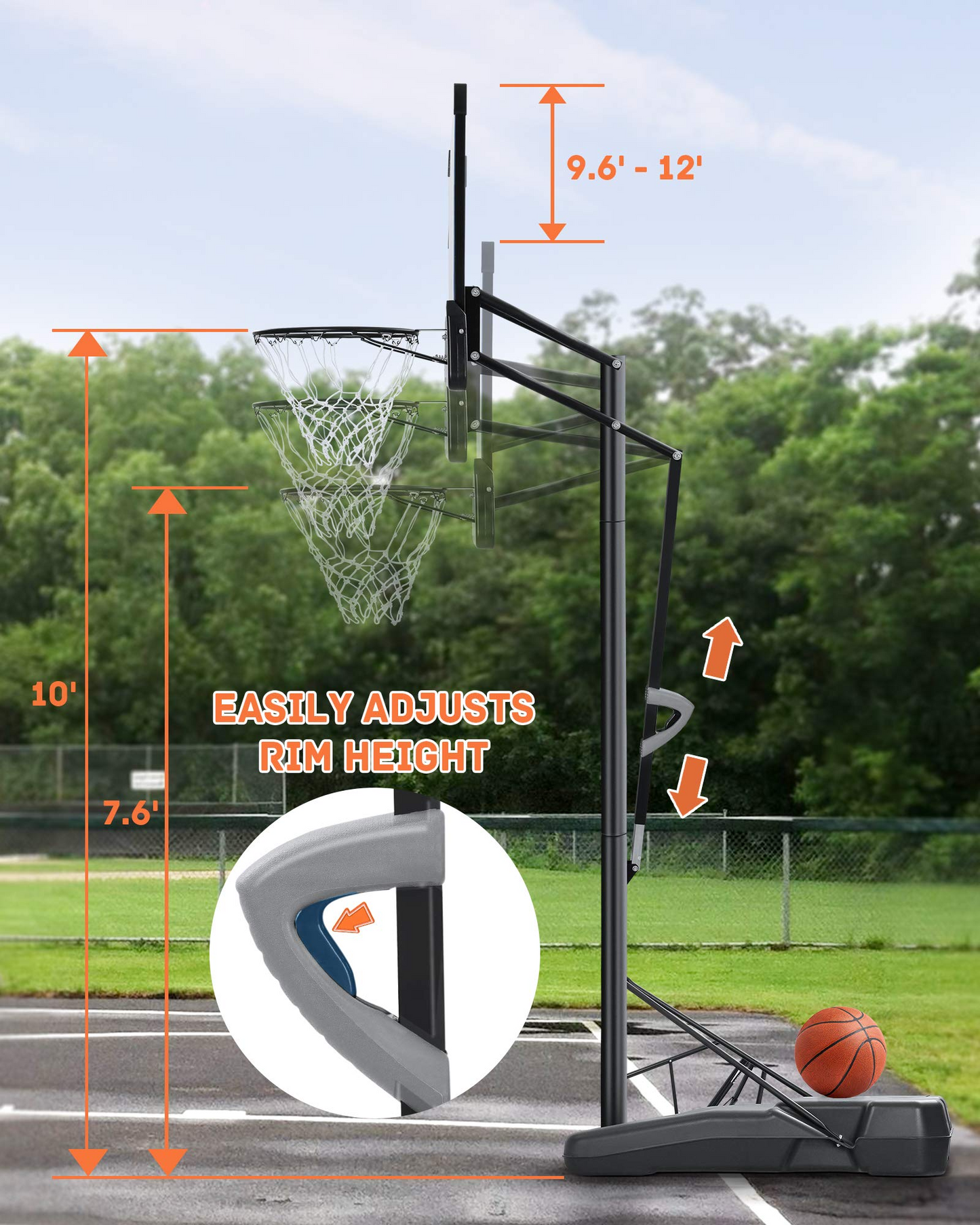 Basketball Hoop Outdoor Portable Basketball Goal & System 48 inch PC Backboard Adjustable from 7ft 6in - 10ft for Adults Teens Boys Outside