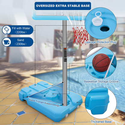 Poolside Basketball Hoop System Portable Swimming Pool Basketball Goal Set Game Stand Adjustable Height 47’’-79’’ Outdoor Indoor for Kid Adult W PVC Shatterproof Backboard Basketball Rim Net