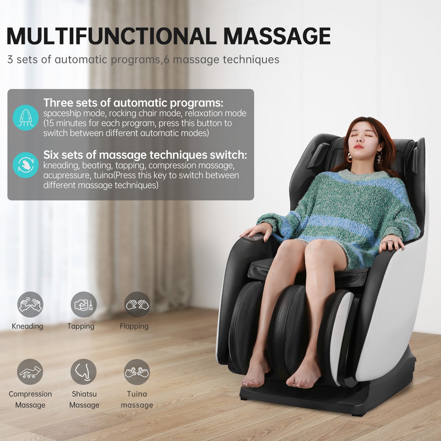 Massage Chair Full Body Zero Gravity Chair Massager, Shiatsu Massage Chair Recliner Space Saving with Bluetooth, SL Track, for Parents & Family for Home & Office Use - Black & White