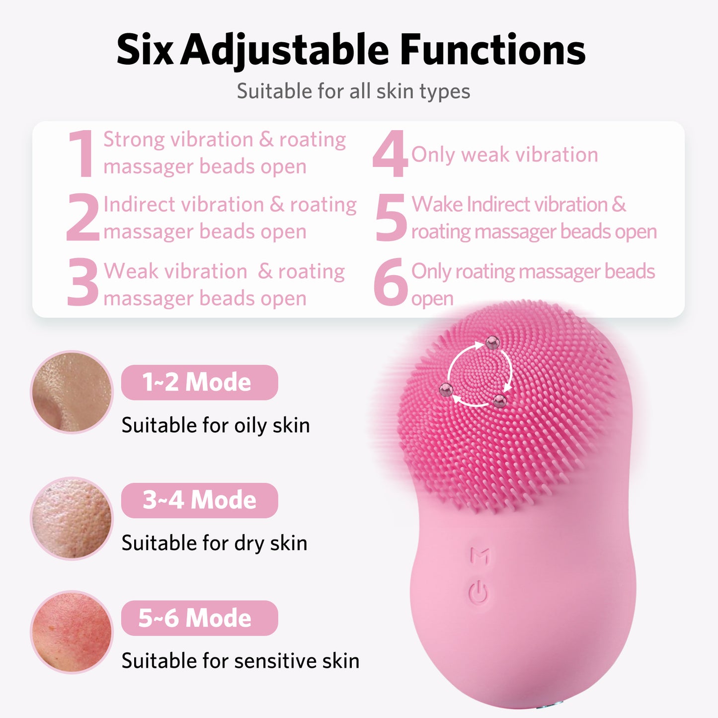 Facial Cleansing Brush, Soft Silicone, Ultrasonic Waterproof Face Cleansing Massager, 6 Function Modes with Rotating Magnetic Beads for Deep Cleansing Exfoliating, Rechargeable and Portable, Pink