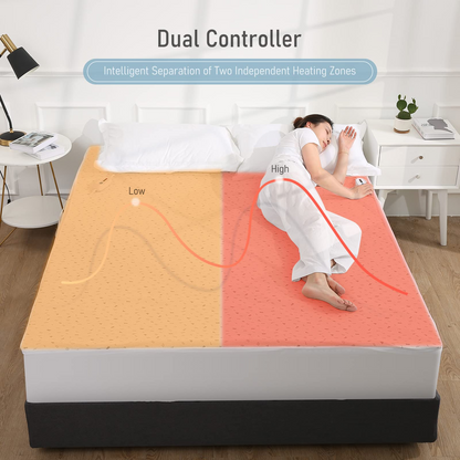 Heated Mattress Pad Queen Dual Control with Ventilated Technology, 100% Polyester Heated Mattress Cover with 4 Heating Levels & 10 Hours Auto Off, Fast Heating & Machine Washable