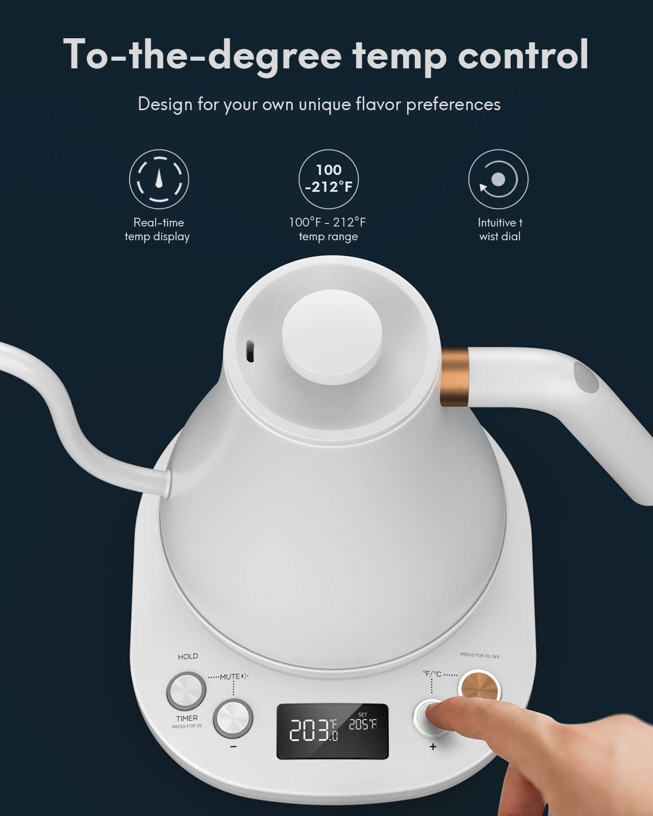 Electric Gooseneck Kettle Temperature Control, Pour Over Kettle for Coffee and Tea, 100% Stainless Steel Inner Lid and Bottom